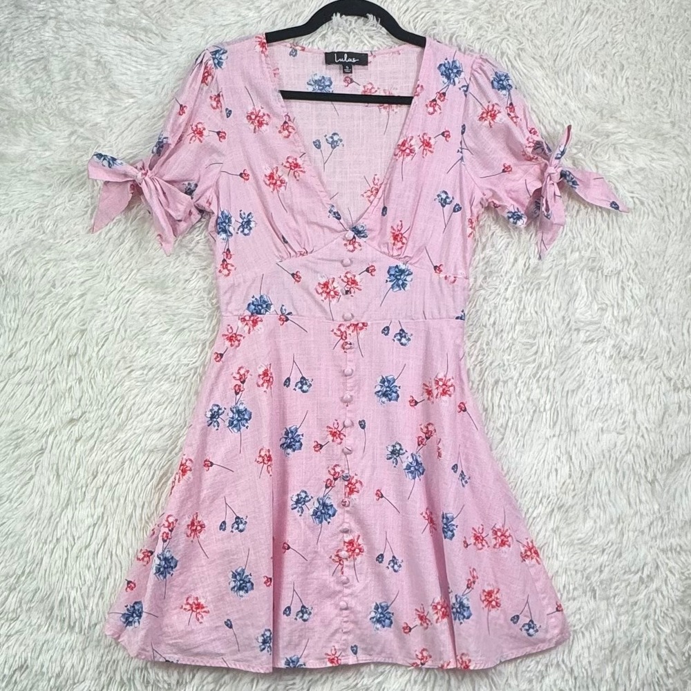 Lulus Pink Floral Tie Sleeve Mini Dress Small